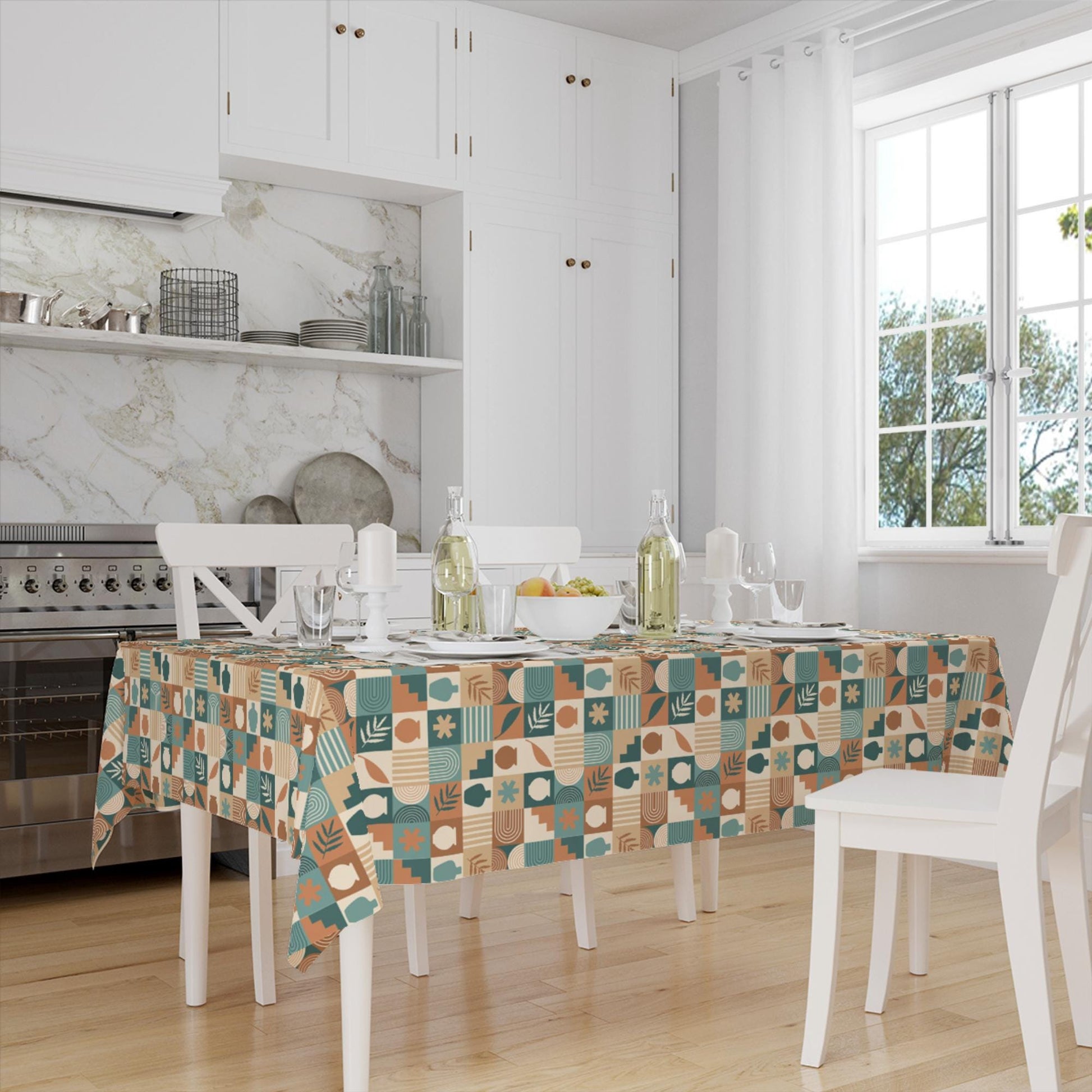 Green Brown Retro Authentic Bohemian Minimal Geometric Pattern Linen Tablecloth Modern Dining Accent Cover