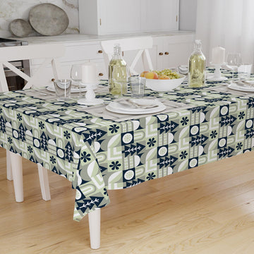 Navy Blue Green Trees Floral Retro Authentic Bohemian Minimal Geometric Pattern Linen Tablecloth Modern Dining Accent Cover