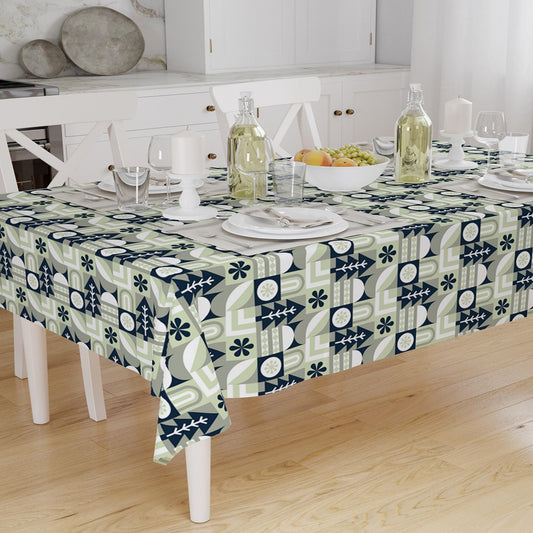 Navy Blue Green Trees Floral Retro Authentic Bohemian Minimal Geometric Pattern Linen Tablecloth Modern Dining Accent Cover