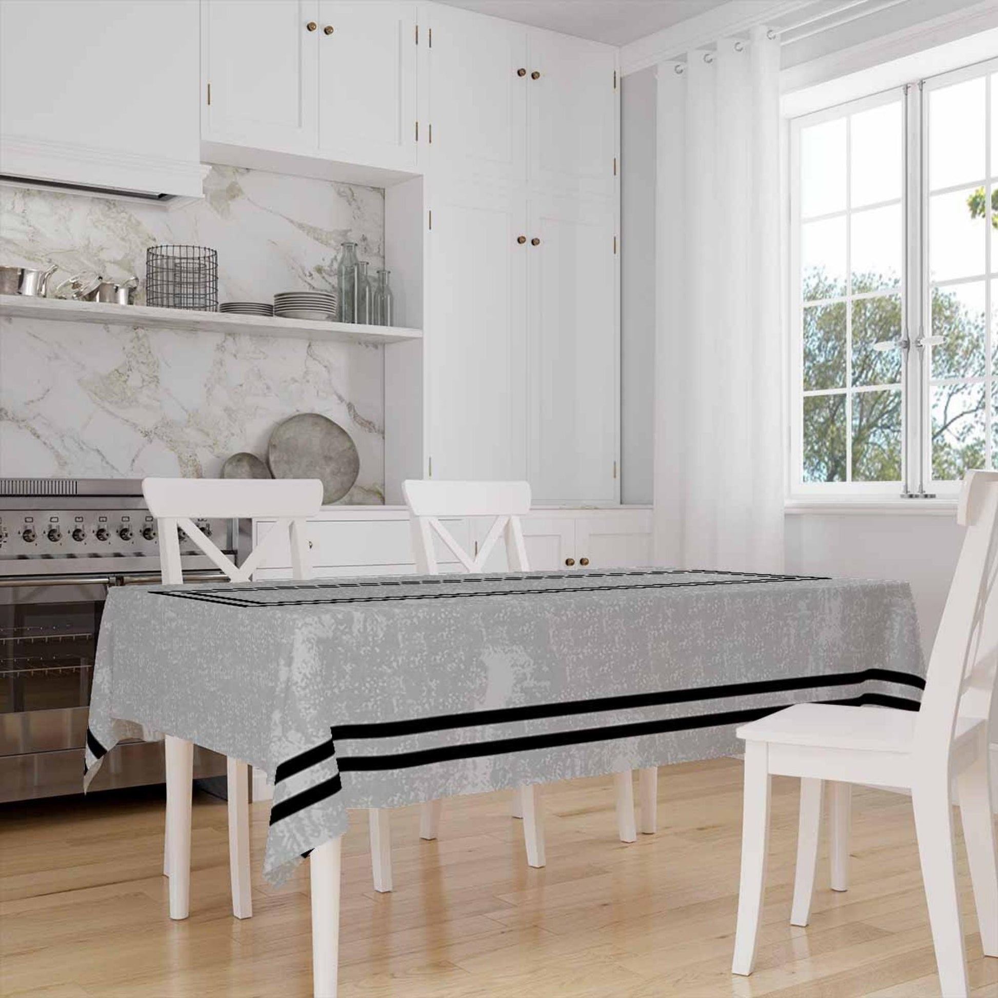 Bohemian Black Geometric Border Lines on Gray Watercolor Background Pattern Tablecloth Modern Minimal Dining Accent Cover