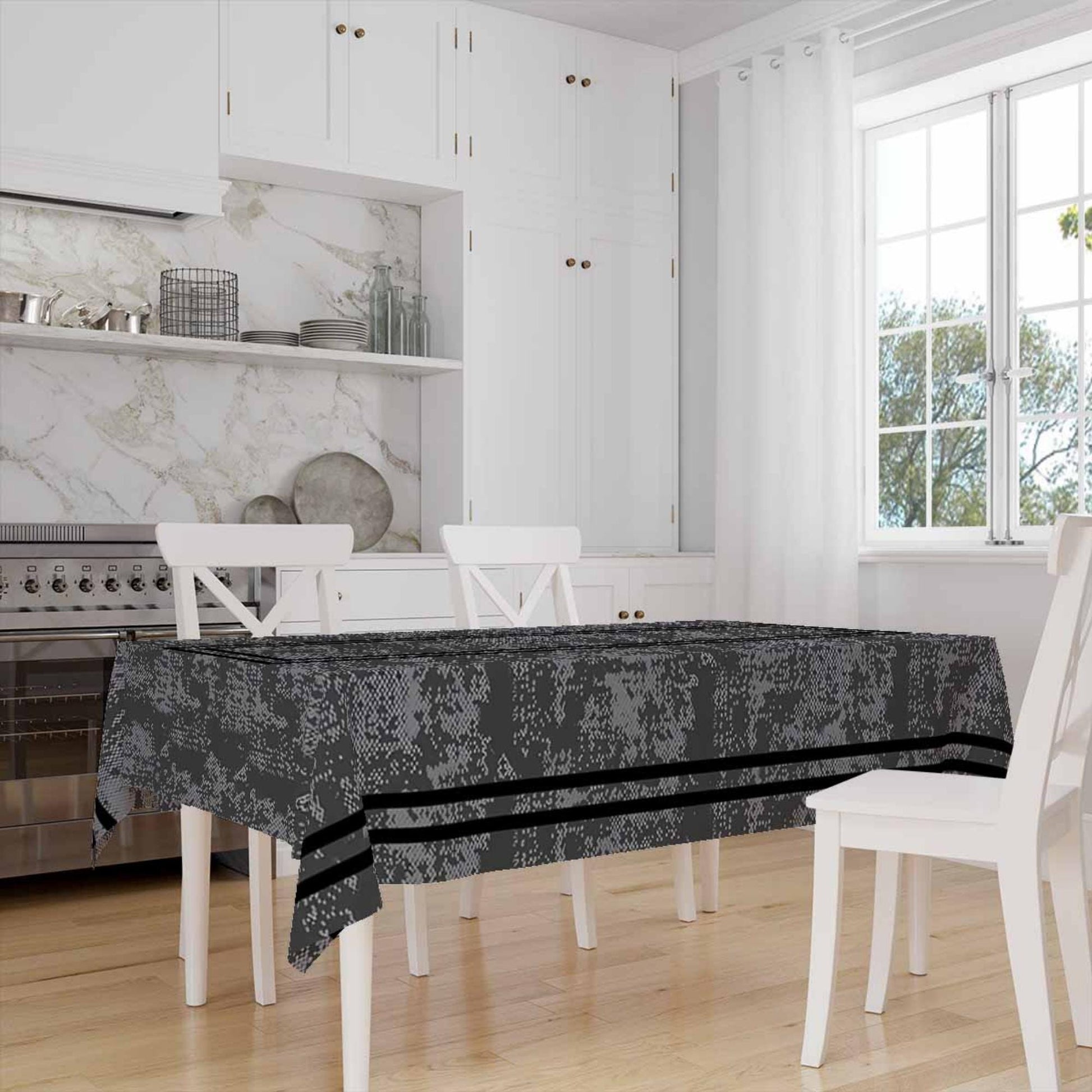Black Geometric Border Lines on Dark Gray Watercolor Background Pattern Tablecloth, Modern Dining Accent Cover