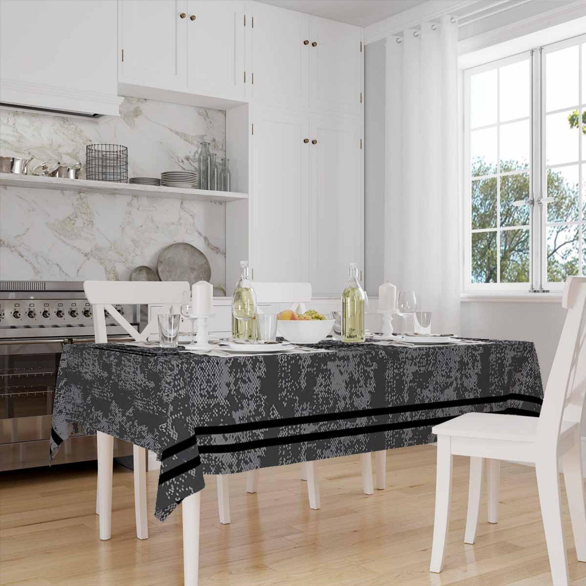 Black Geometric Border Lines on Dark Gray Watercolor Background Pattern Tablecloth, Modern Dining Accent Cover