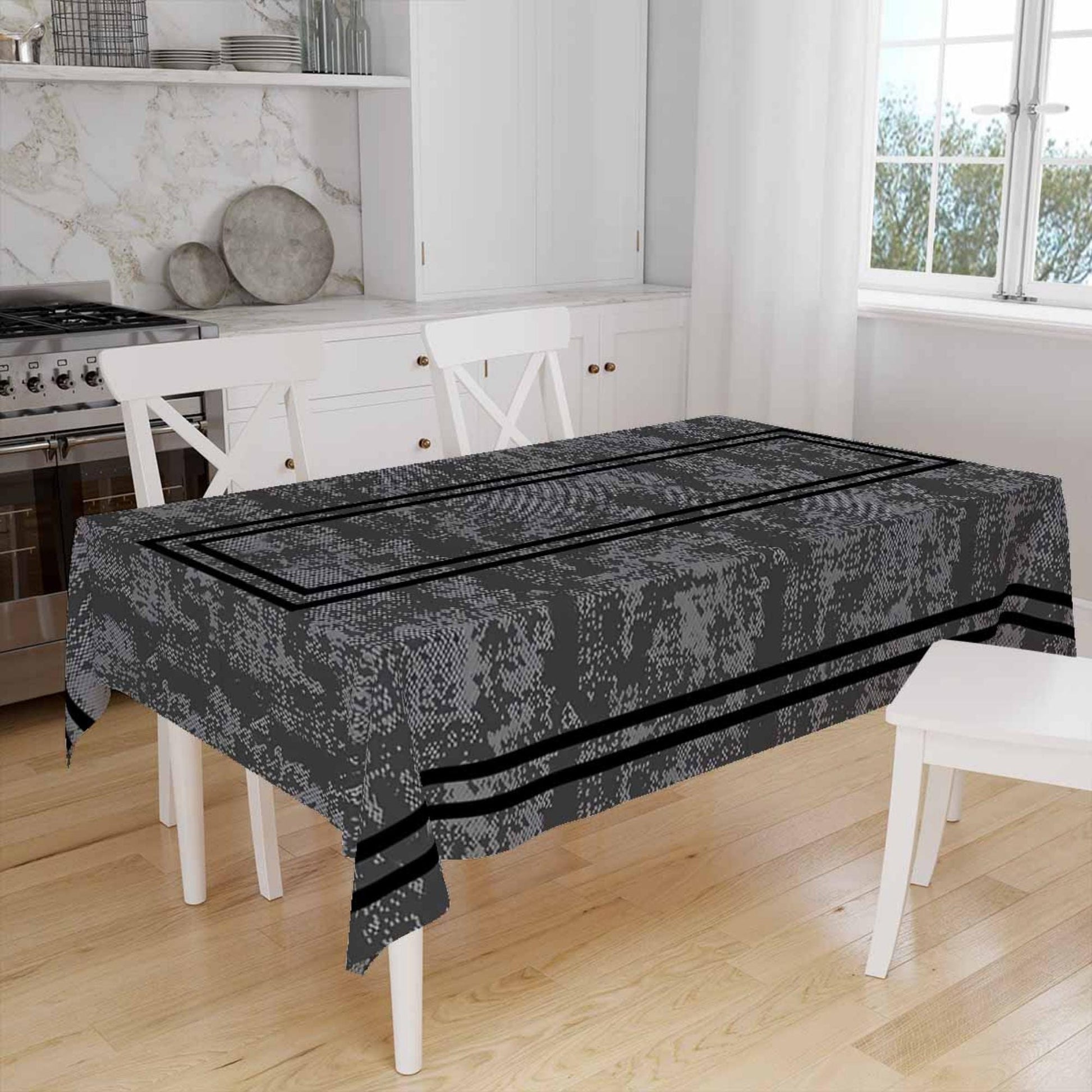 Black Geometric Border Lines on Dark Gray Watercolor Background Pattern Tablecloth, Modern Dining Accent Cover