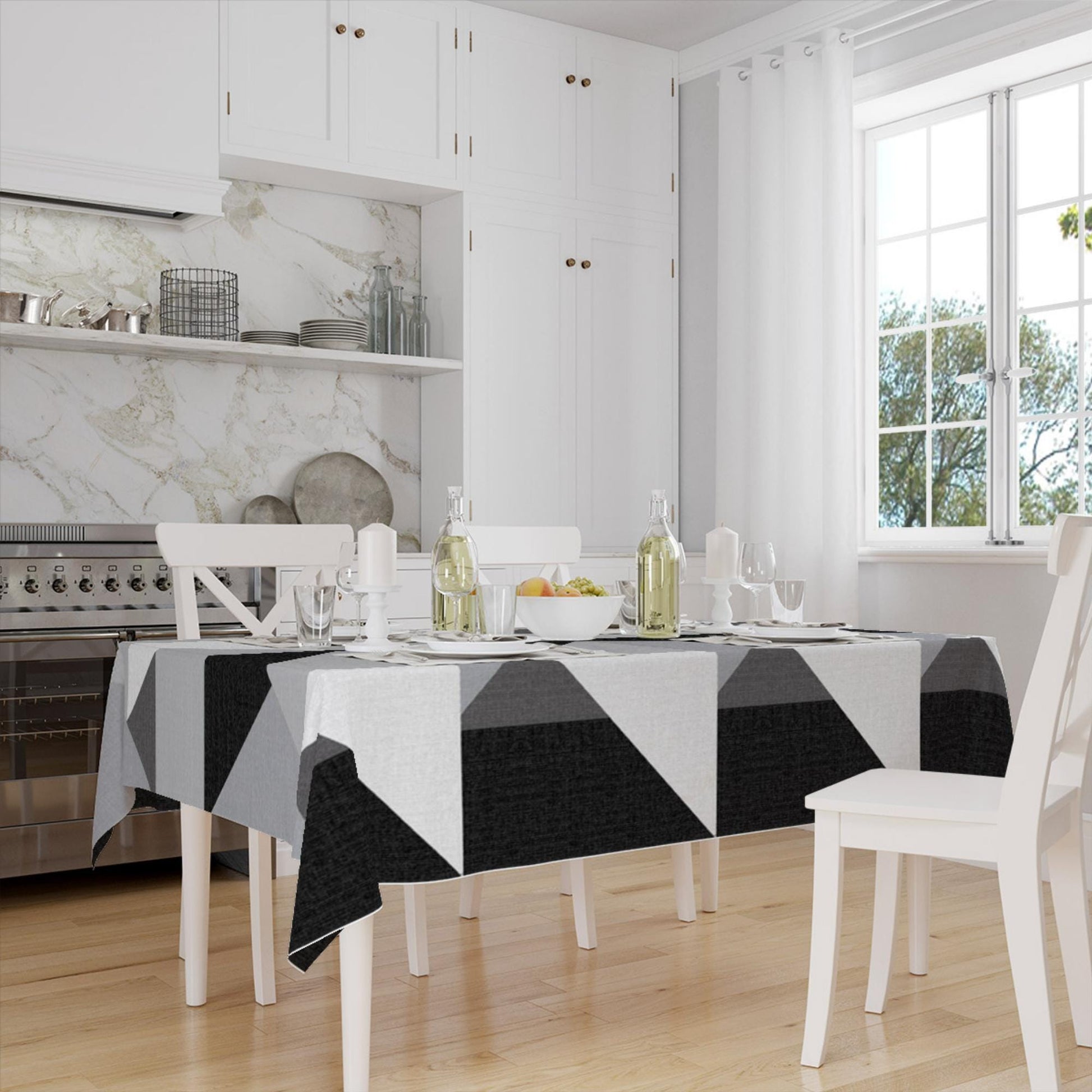 Black White Gray Geometric Triangle Background Pattern Tablecloth, Modern Dining Accent Cover