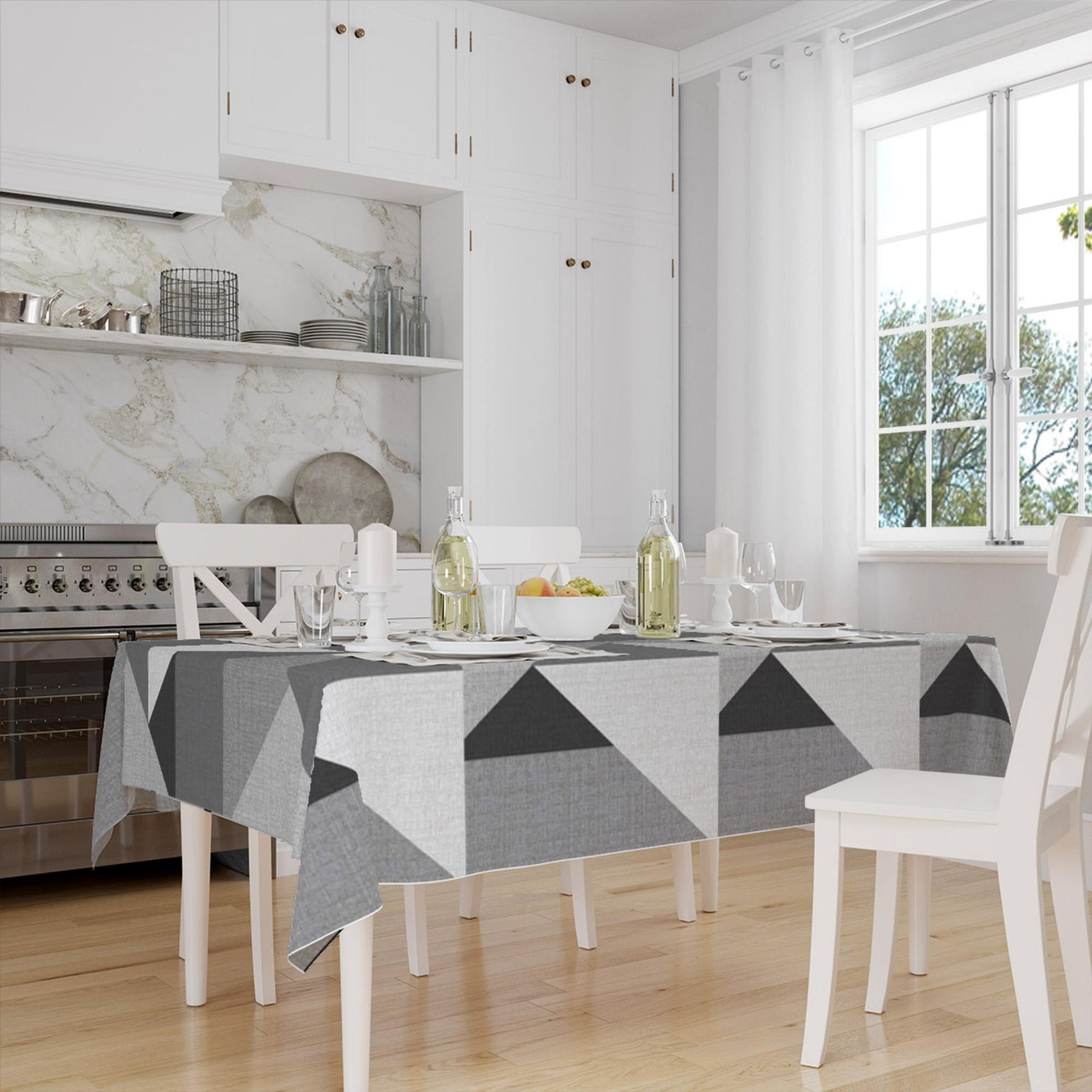Gray White Scandinav Geometric Triangle Background Pattern Tablecloth, Modern Nordic Dining Accent Cover