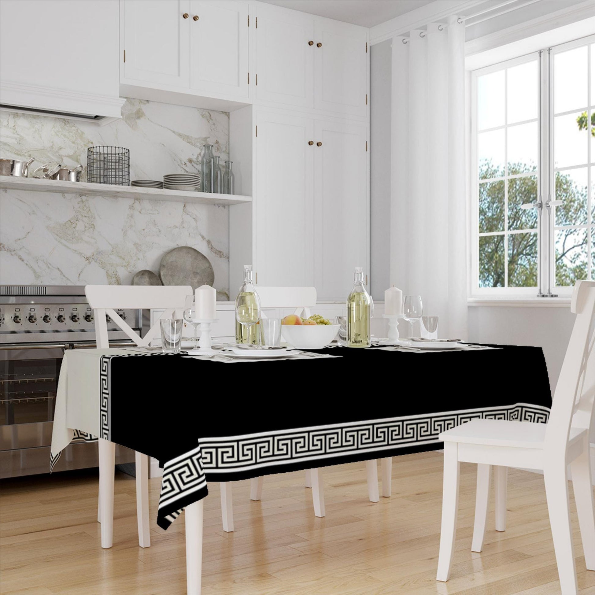 Black White Greek Key Geometric Lines Pattern Tablecloth, Modern Dining Accent Cover