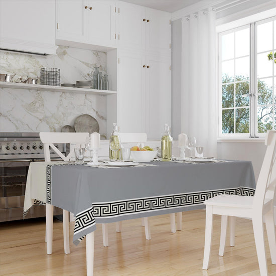 Gray White Greek Key Geometric Lines Pattern Tablecloth, Modern Dining Accent Cover