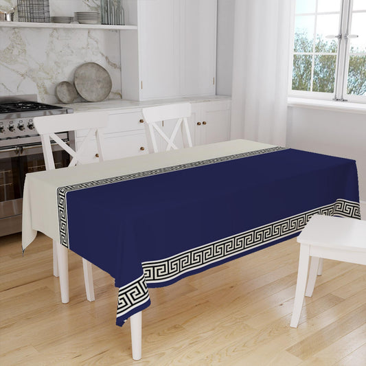 Navy Blue White Greek Key Geometric Lines Pattern Tablecloth, Modern Dining Accent Cover