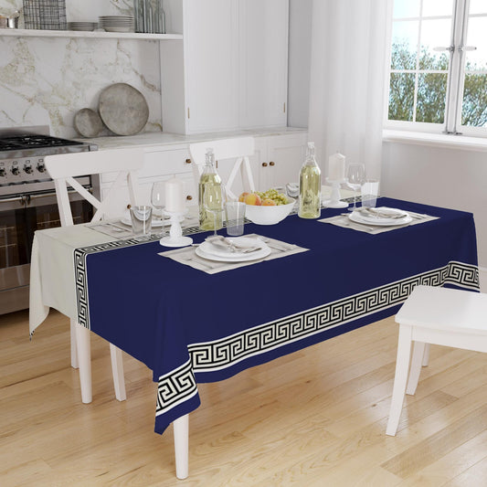 Navy Blue White Greek Key Geometric Lines Pattern Tablecloth, Modern Dining Accent Cover