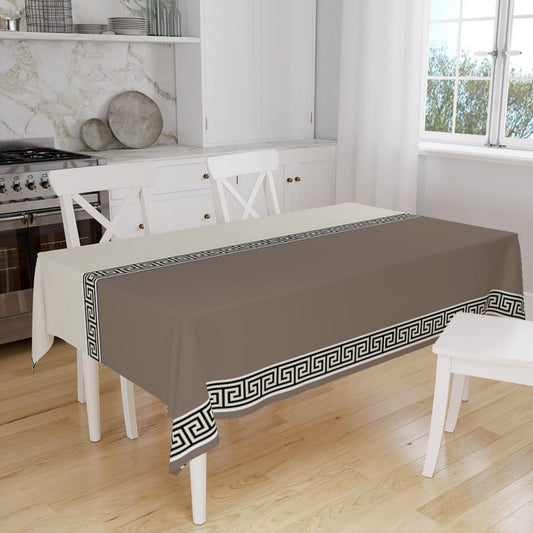 Brown White Greek Key Geometric Lines Pattern Tablecloth, Modern Dining Accent Cover