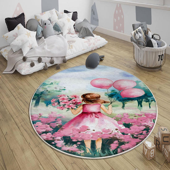 Round Pink Girls Floral Flowers Woodland Child Room Rug, Cute Girl Rug Gift For Kids, Kids Room Decor with pillow case gift