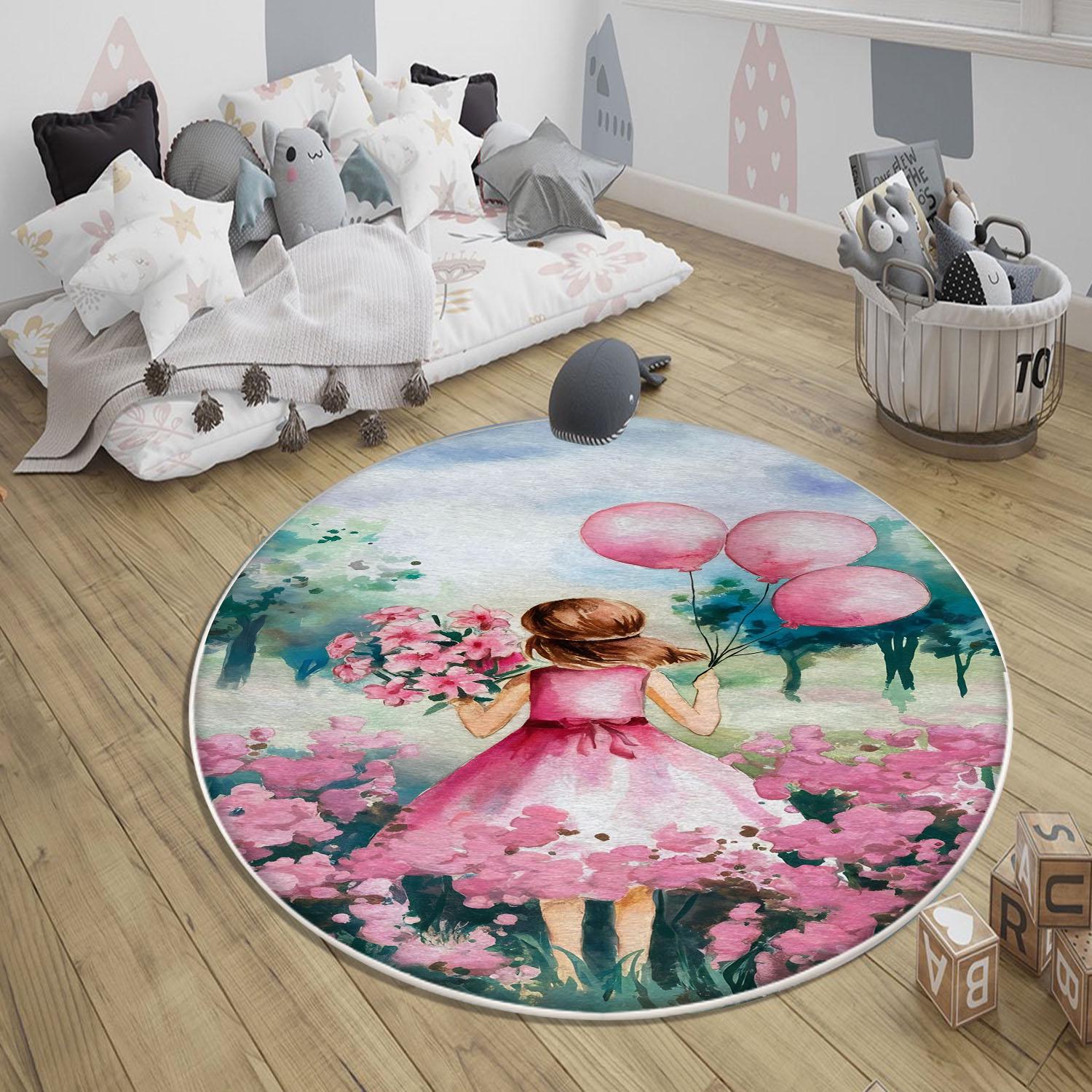 Round Pink Girls Floral Flowers Woodland Child Room Rug, Cute Girl Rug Gift For Kids, Kids Room Decor with pillow case gift