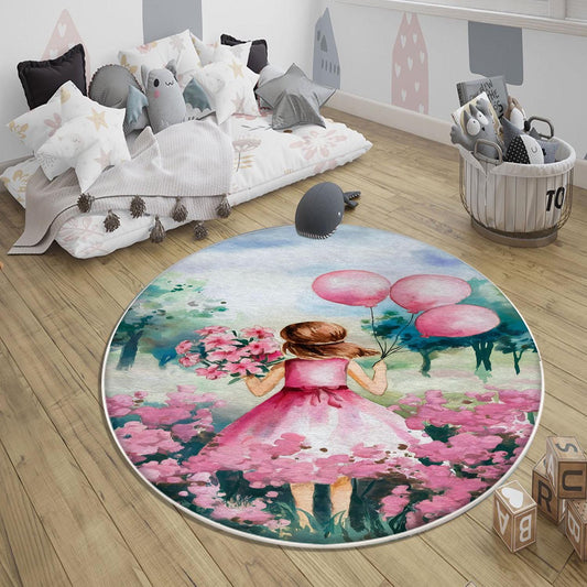 Round Pink Girls Floral Flowers Woodland Child Room Rug, Cute Girl Rug Gift For Kids, Kids Room Decor with pillow case gift