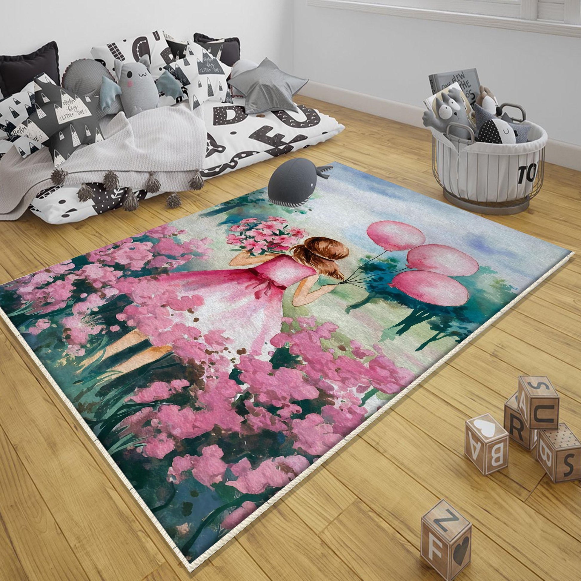 Round Pink Girls Floral Flowers Woodland Child Room Rug, Cute Girl Rug Gift For Kids, Kids Room Decor with pillow case gift