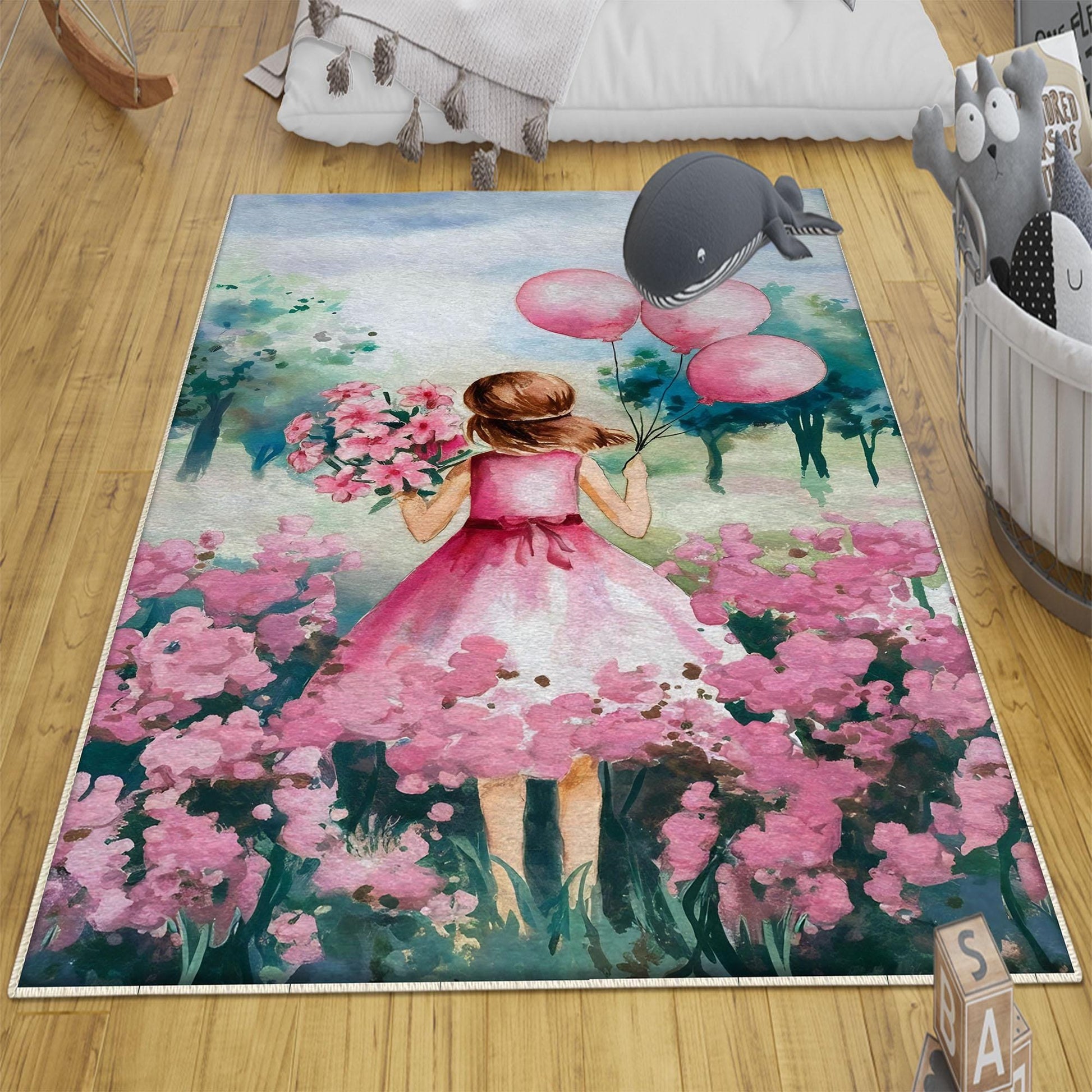 Round Pink Girls Floral Flowers Woodland Child Room Rug, Cute Girl Rug Gift For Kids, Kids Room Decor with pillow case gift