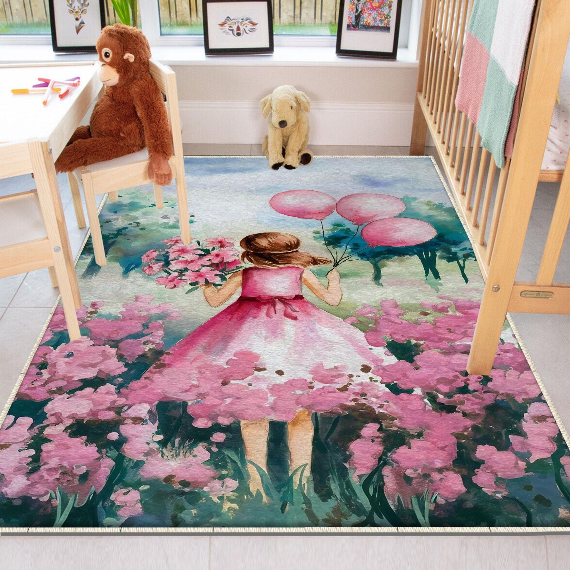 Round Pink Girls Floral Flowers Woodland Child Room Rug, Cute Girl Rug Gift For Kids, Kids Room Decor with pillow case gift