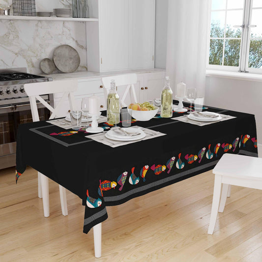Colorful Birds Border Black Background Animal Pattern Tablecloth, Modern Dining Accent Table Cover