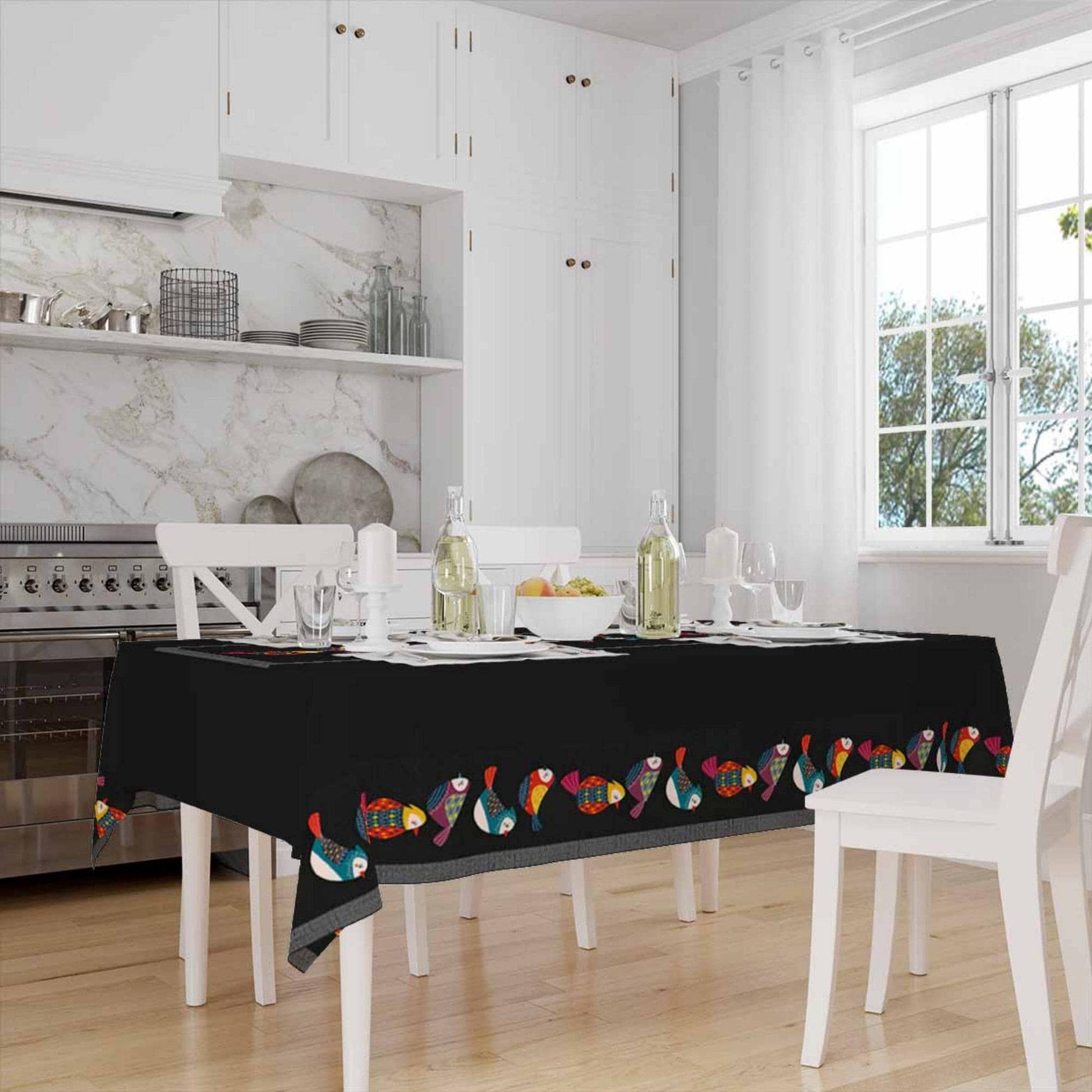 Colorful Birds Border Black Background Animal Pattern Tablecloth, Modern Dining Accent Table Cover