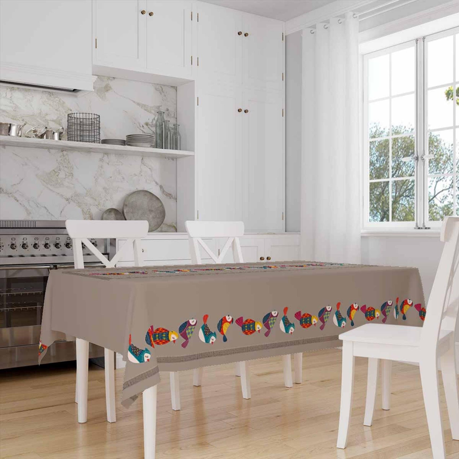 Colorful Birds Border Brown Background Animal Pattern Tablecloth, Modern Dining Accent Table Cover