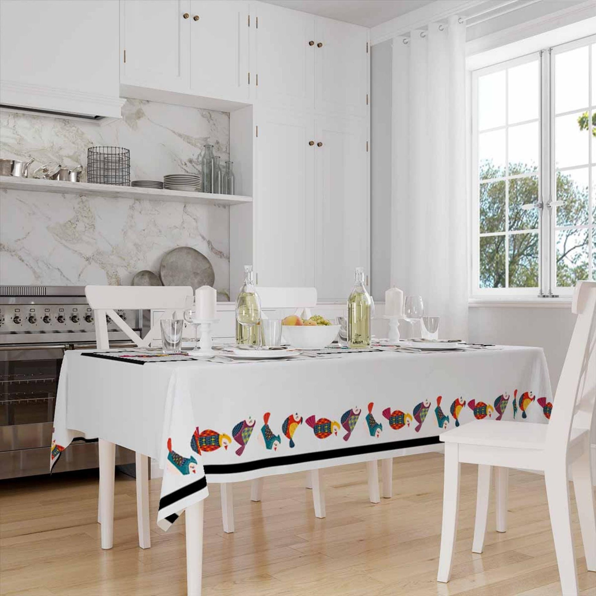 Colorful Birds Border White Background Animal Pattern Tablecloth, Modern Dining Accent Table Cover