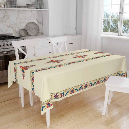 Colorful Ethnic Authentic Retro Ottoman Turkish Border Cream Background Animal Pattern Tablecloth, Modern Dining Accent Table Cover