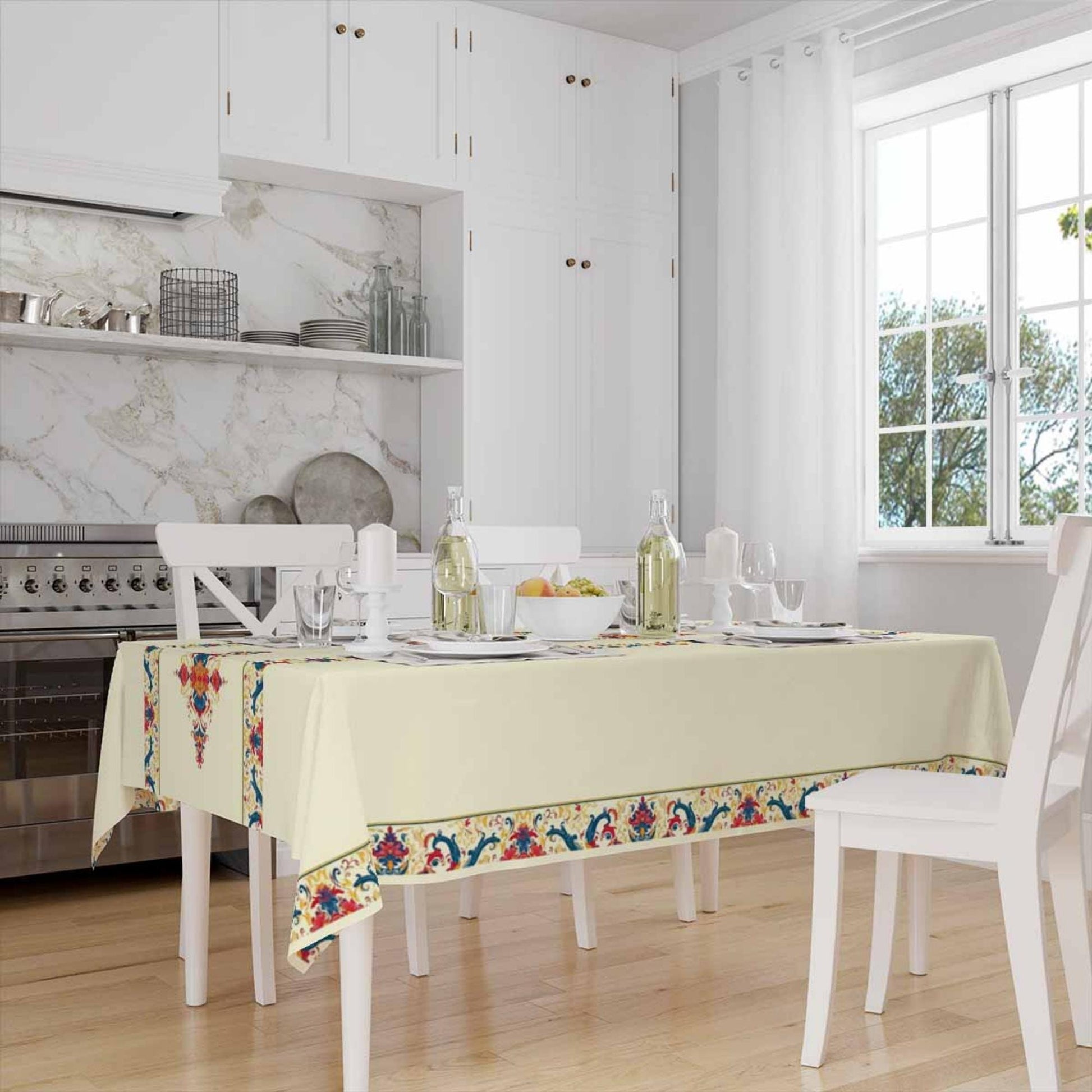 Colorful Ethnic Authentic Retro Ottoman Turkish Border Cream Background Animal Pattern Tablecloth, Modern Dining Accent Table Cover
