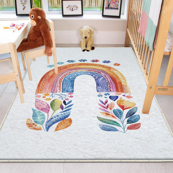 Round Colorful Rainbow Flowers Nursery Room Rug, Cute Girl Rug Gift For Kids, Girls Kids Room Gift, Kids Room Decor with pillow case gift