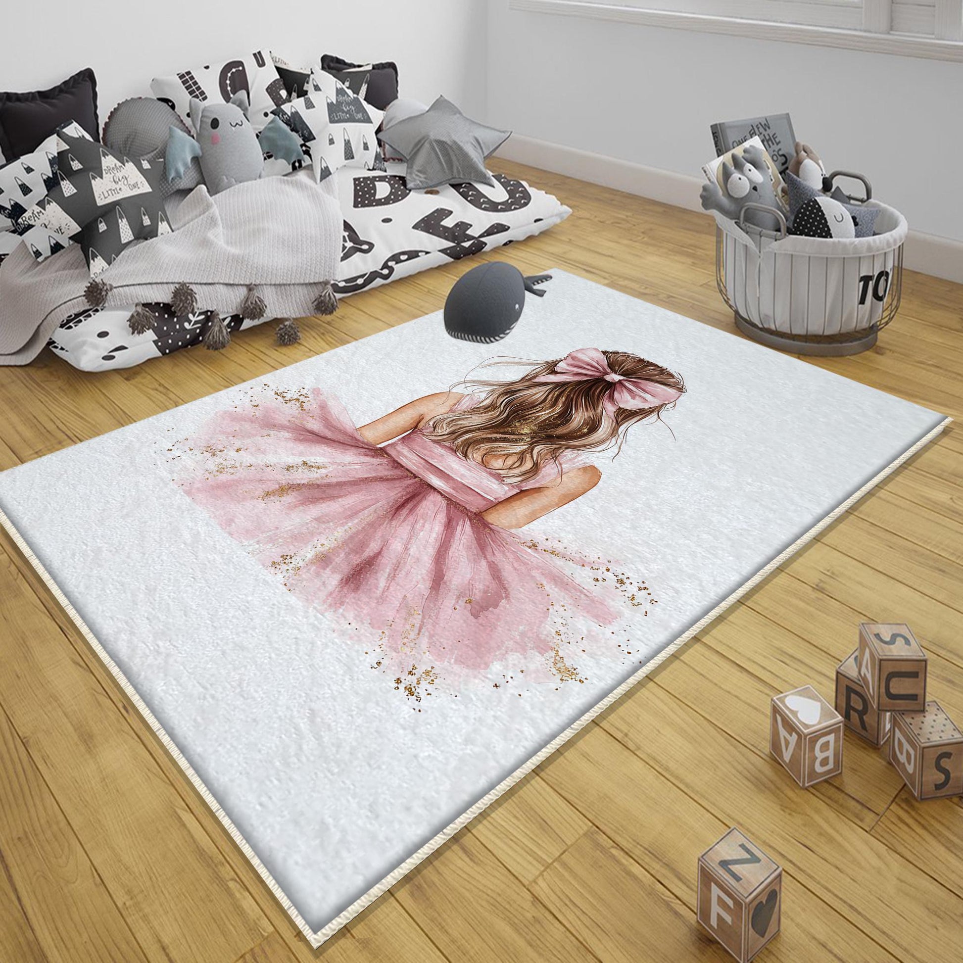 Round Pink Princess Ballerina Girl Nursery Room Rug, Cute Rug Gift For Kids, Girls Kids Room Gift, Kids Room Decor with pillow case gift