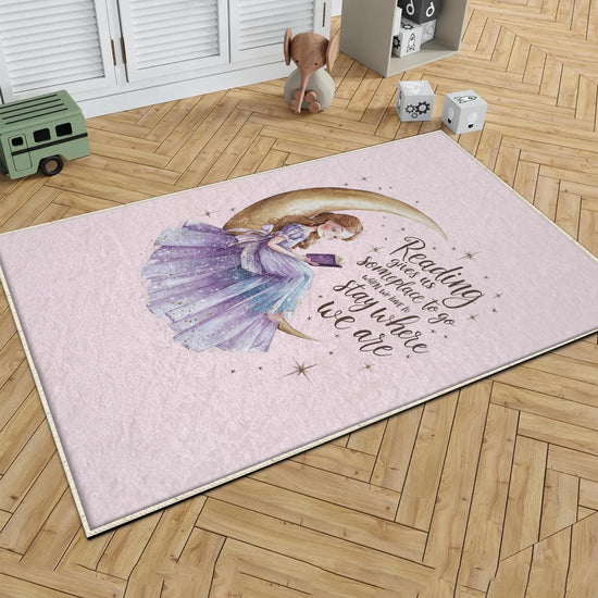 Round Girl sitting moon and reading book Kids Room Rug, Cute Pink Rug Gift For Kids, Kids Room Gift, Kids Room Decor with pillow case gift