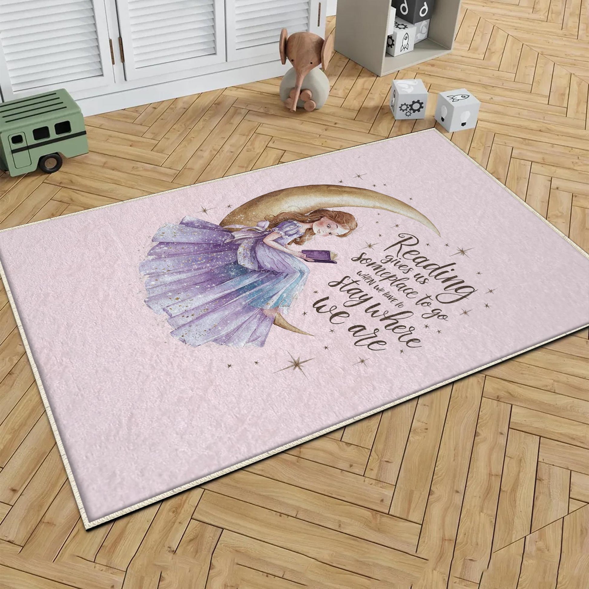 Round Girl sitting moon and reading book Kids Room Rug, Cute Pink Rug Gift For Kids, Kids Room Gift, Kids Room Decor with pillow case gift