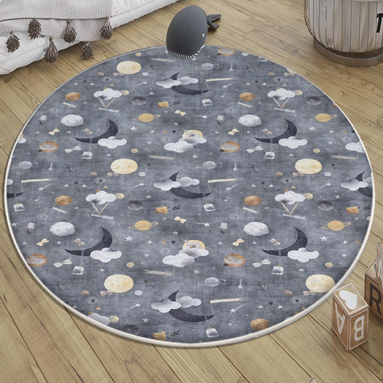 Round Gray Moon Clouds Stars Night Kids Room Rug, Cute Pink Rug Gift For Kids, Kids Room Gift, Kids Room Decor with pillow case gift