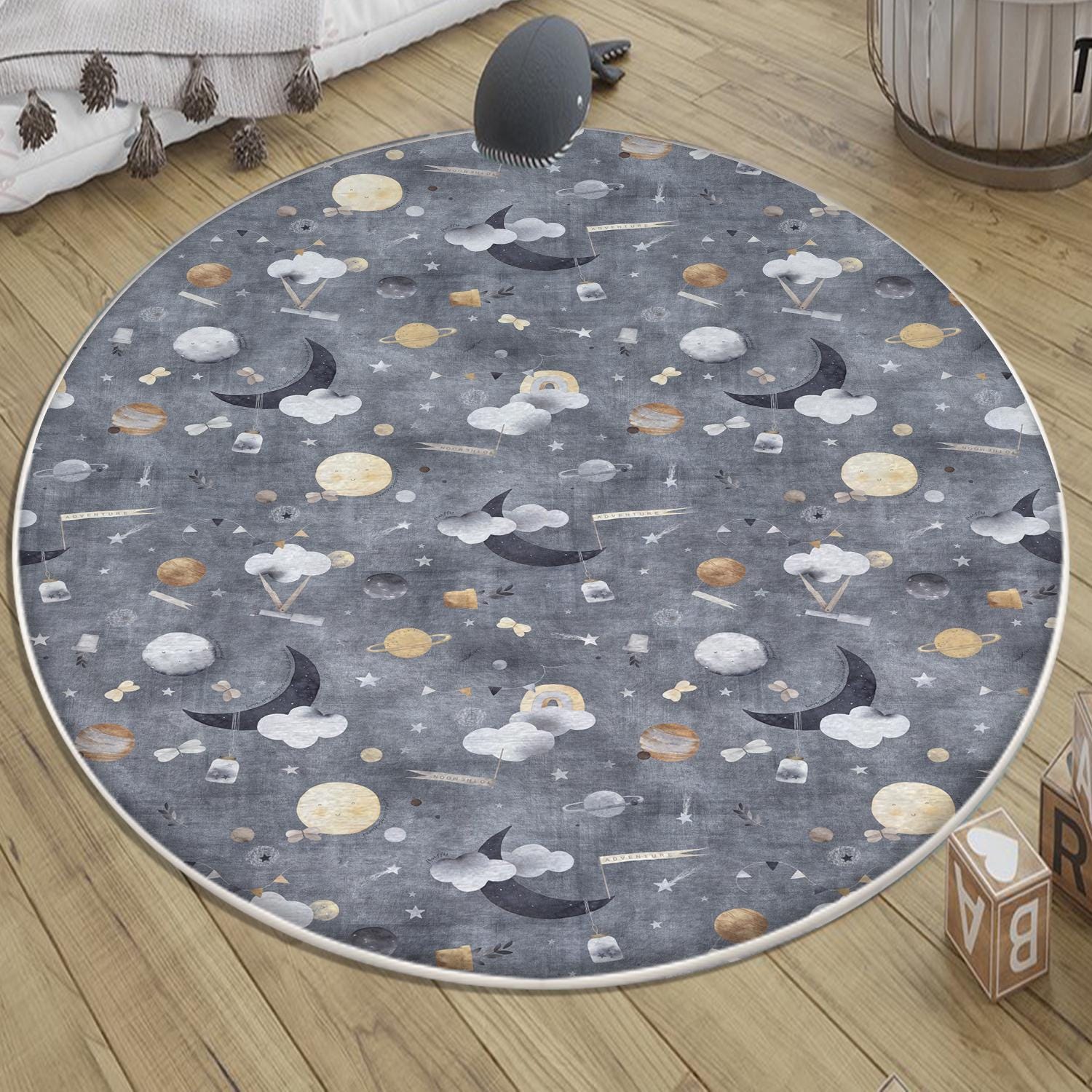 Round Gray Moon Clouds Stars Night Kids Room Rug, Cute Pink Rug Gift For Kids, Kids Room Gift, Kids Room Decor with pillow case gift