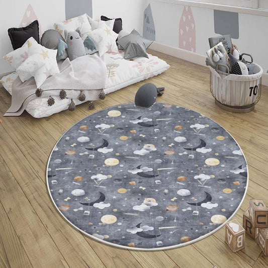 Round Gray Moon Clouds Stars Night Kids Room Rug, Cute Pink Rug Gift For Kids, Kids Room Gift, Kids Room Decor with pillow case gift