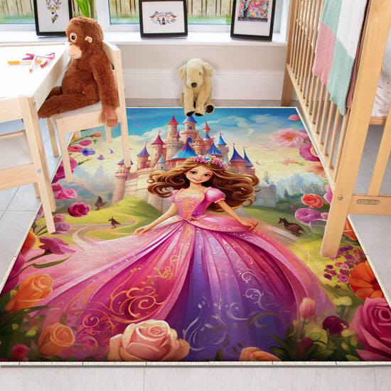 Round Colorful Fairy Princess Medieval Castle Kids Room Rug, Cute Rug Gift For Kids, Kids Room Gift, Kids Room Decor with pillow case gift