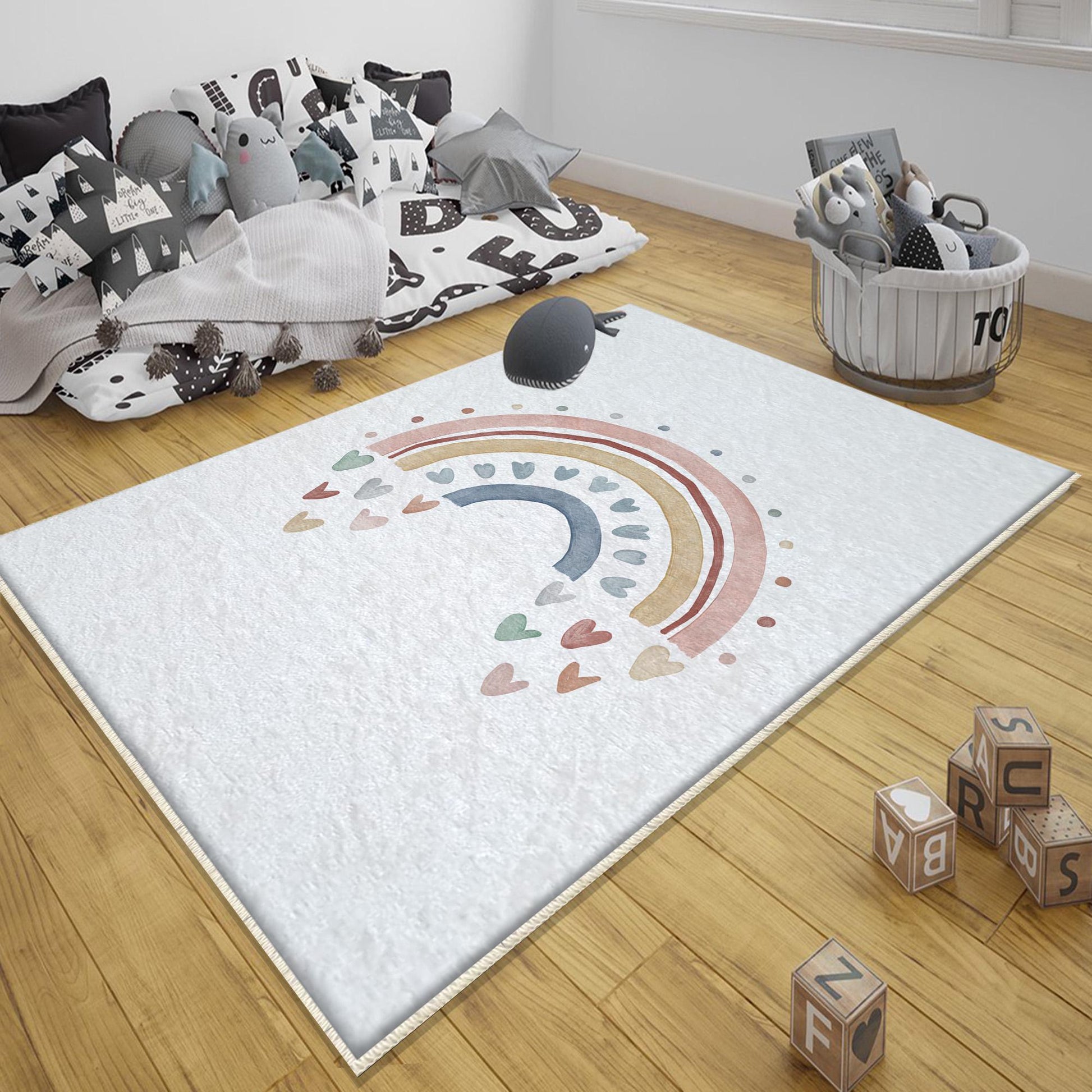 Round Colorful Fairy Rainbow Nursery Room Rug, Cute Pink Rug Gift For Kids, Baby Room Gift, Kids Room Decor with pillow case gift