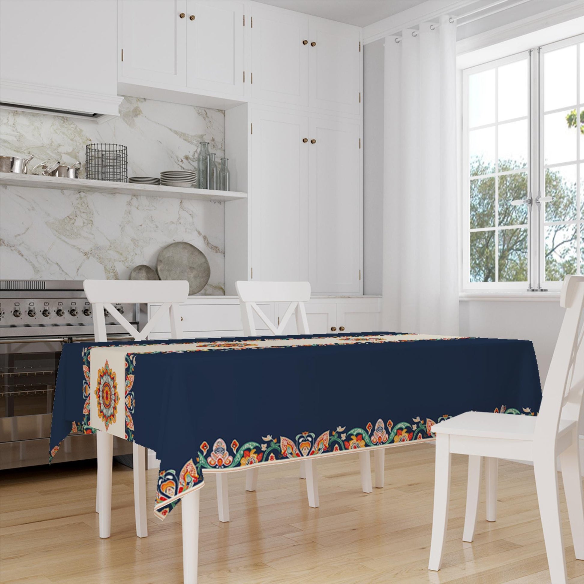 Navy Blue Ethnic Authentic Retro Ottoman Turkish Floral Figures Border Cream Background Pattern Tablecloth, Modern Dining Accent Table Cover