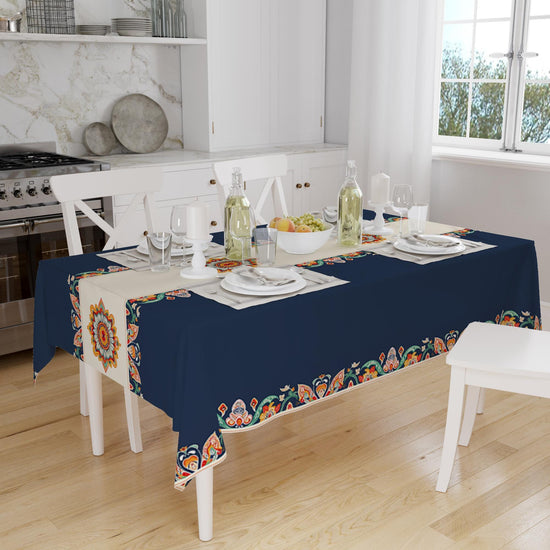 Navy Blue Ethnic Authentic Retro Ottoman Turkish Floral Figures Border Cream Background Pattern Tablecloth, Modern Dining Accent Table Cover