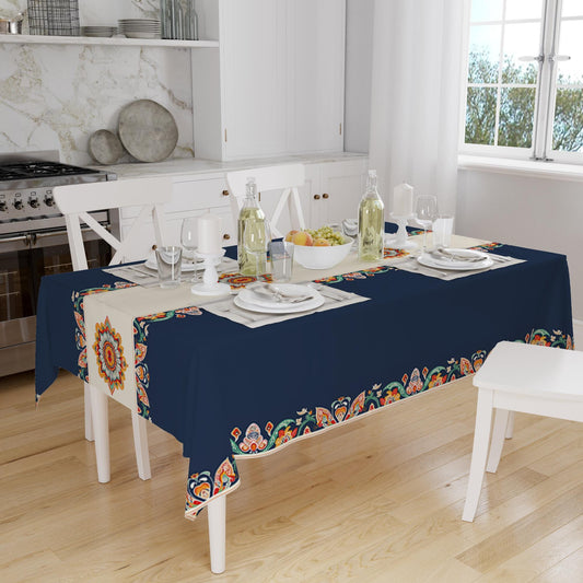 Navy Blue Ethnic Authentic Retro Ottoman Turkish Floral Figures Border Cream Background Pattern Tablecloth, Modern Dining Accent Table Cover