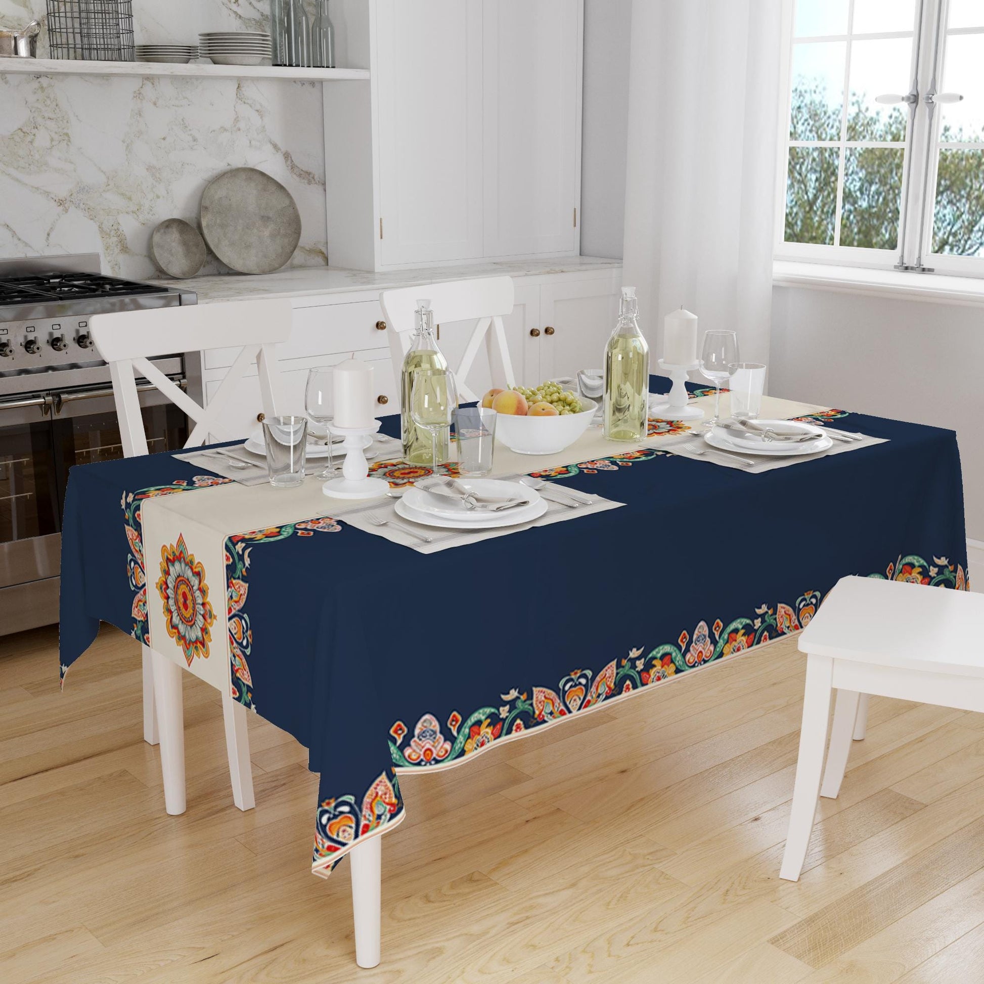 Navy Blue Ethnic Authentic Retro Ottoman Turkish Floral Figures Border Cream Background Pattern Tablecloth, Modern Dining Accent Table Cover