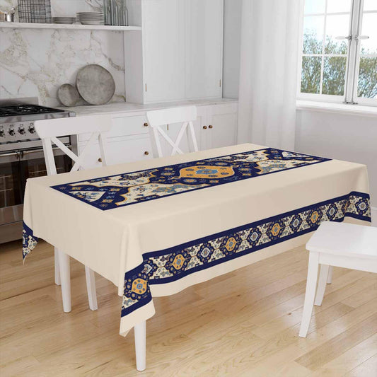 Ethnic Authentic Retro Ottoman Turkish Kilim Tradional Figures Border Cream Background Pattern Tablecloth, Modern Dining Accent Table Cover