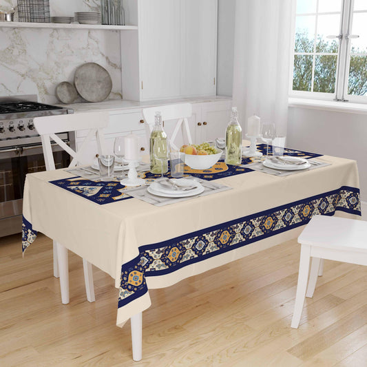 Ethnic Authentic Retro Ottoman Turkish Kilim Tradional Figures Border Cream Background Pattern Tablecloth, Modern Dining Accent Table Cover