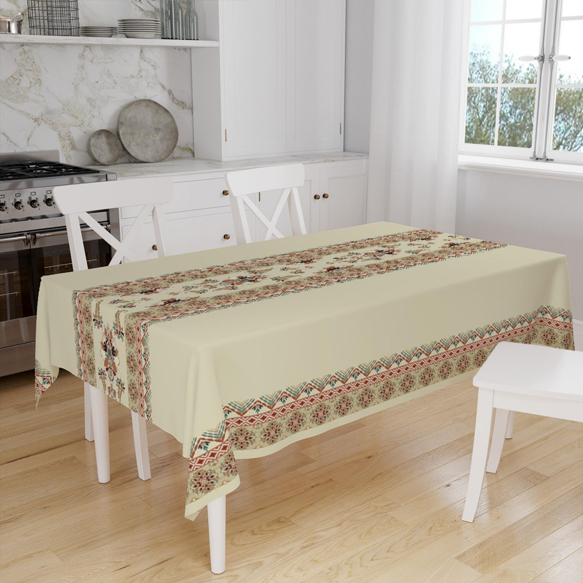 Ethnic Authentic Retro Ottoman Turkish Kilim Tradional Figures Border Cream Background Pattern Tablecloth, Modern Dining Accent Table Cover
