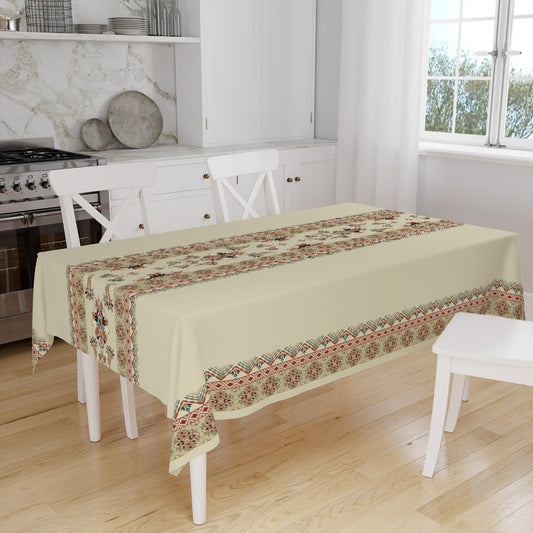Ethnic Authentic Retro Ottoman Turkish Kilim Tradional Figures Border Cream Background Pattern Tablecloth, Modern Dining Accent Table Cover