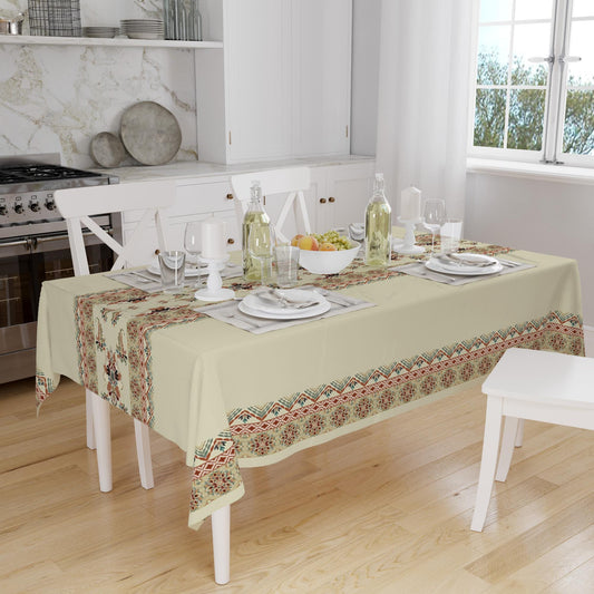 Ethnic Authentic Retro Ottoman Turkish Kilim Tradional Figures Border Cream Background Pattern Tablecloth, Modern Dining Accent Table Cover