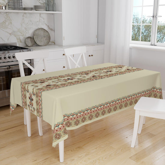 Ethnic Authentic Retro Ottoman Turkish Kilim Tradional Figures Border Cream Background Pattern Tablecloth, Modern Dining Accent Table Cover