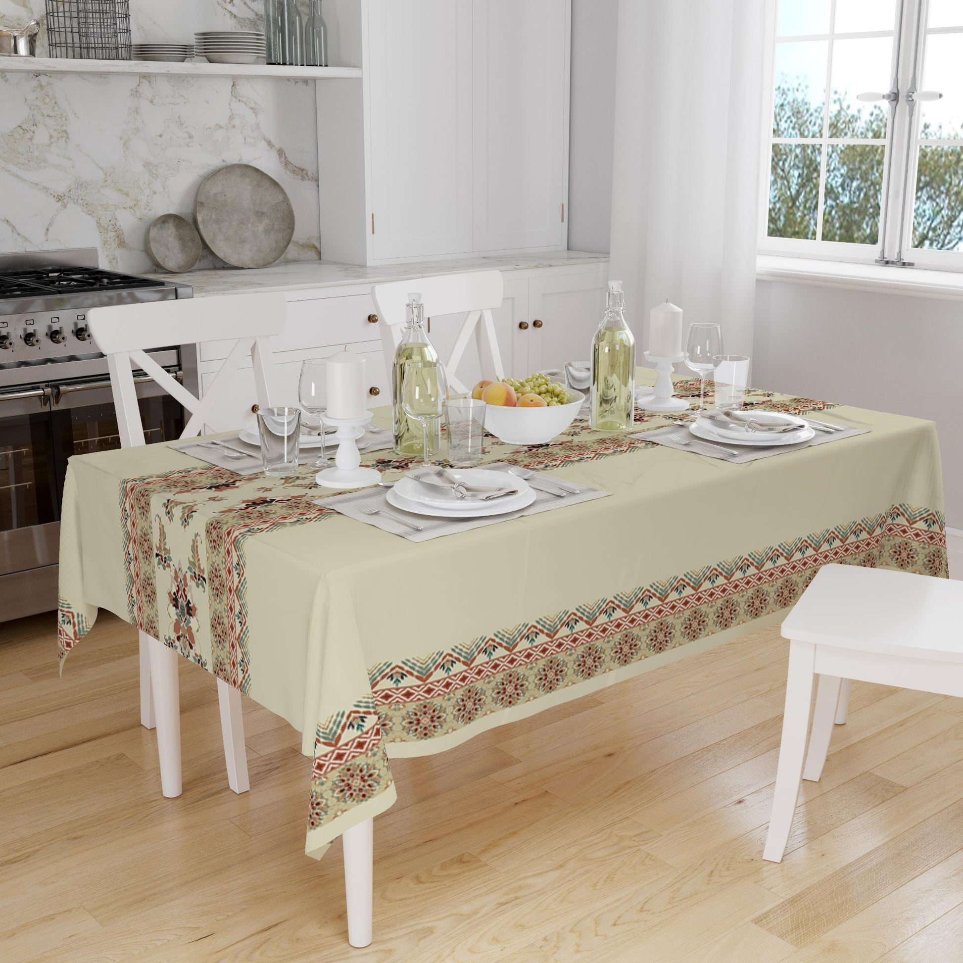 Ethnic Authentic Retro Ottoman Turkish Kilim Tradional Figures Border Cream Background Pattern Tablecloth, Modern Dining Accent Table Cover