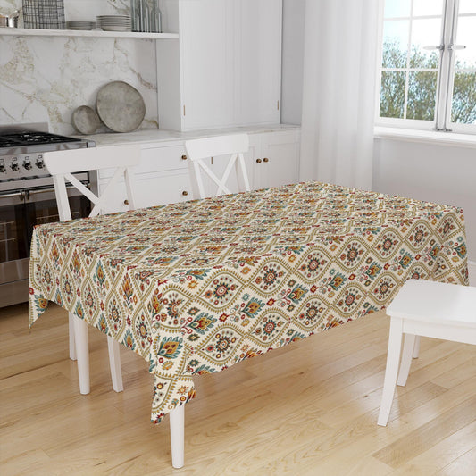 Ethnic Authentic Retro Ottoman Turkish Kilim Tradional Figures Border Cream Background Pattern Tablecloth, Modern Dining Accent Table Cover
