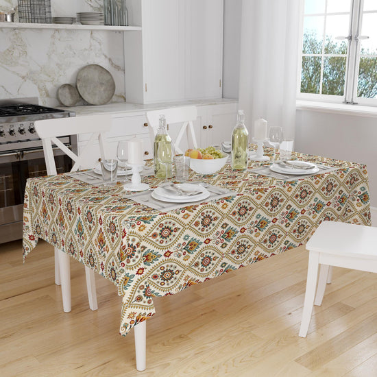 Ethnic Authentic Retro Ottoman Turkish Kilim Tradional Figures Border Cream Background Pattern Tablecloth, Modern Dining Accent Table Cover