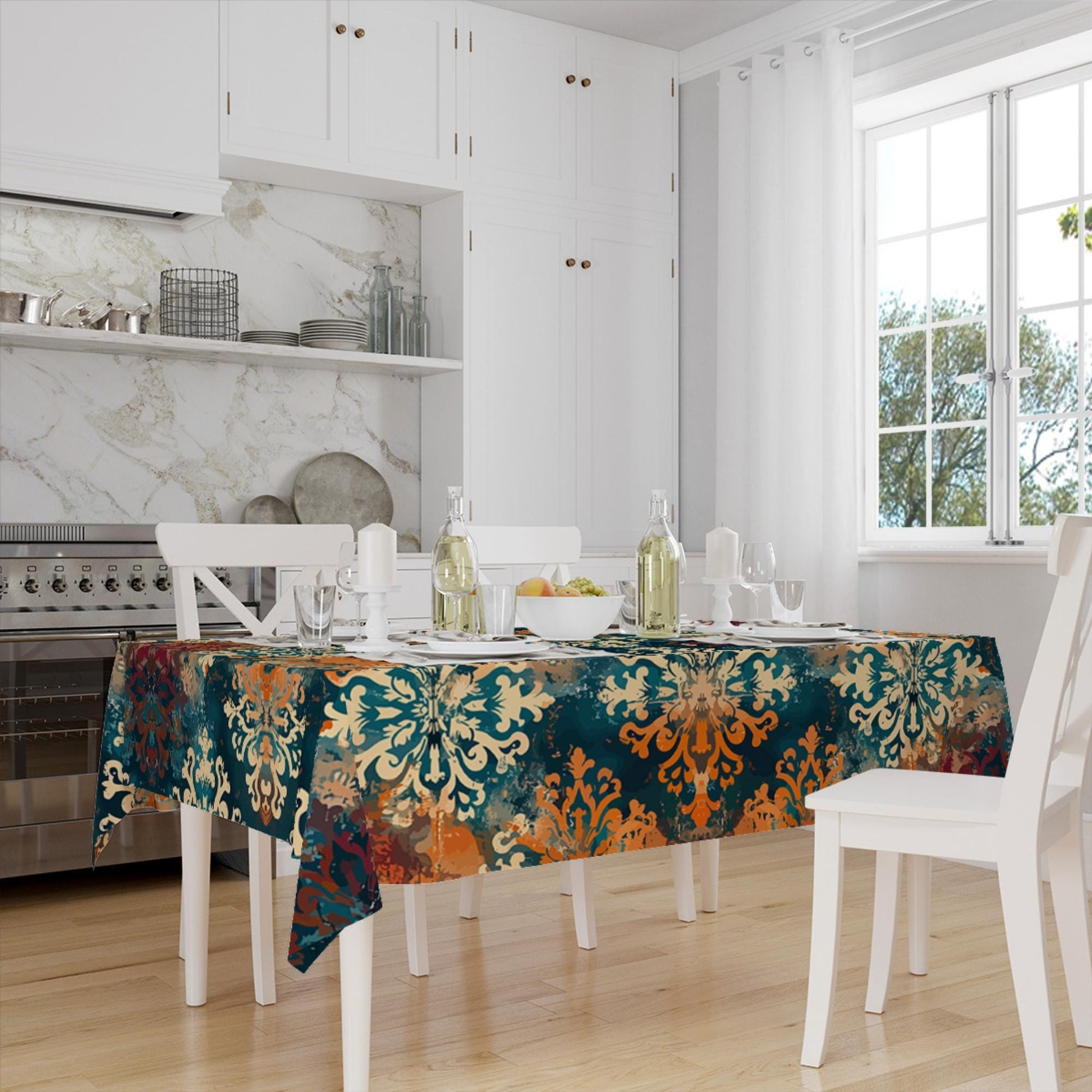 Retro Ottoman Turkish Colorful Tradional Kilim Figures Border Watercolor Background Pattern Tablecloth, Vintage Dining Accent Table Cover