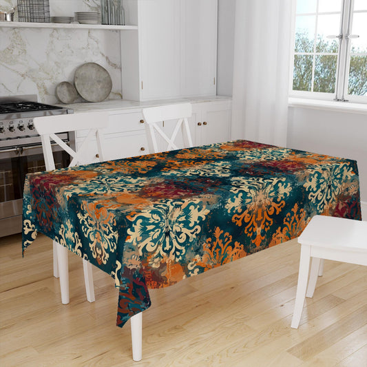 Retro Ottoman Turkish Colorful Tradional Kilim Figures Border Watercolor Background Pattern Tablecloth, Vintage Dining Accent Table Cover